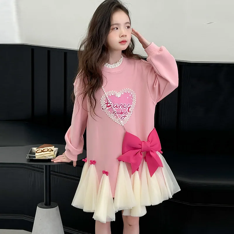 2024 Spring Autumn Children Girl Dress School Girl Pink Love Print Dress Patchwork Lace Gauze Bow Dress Junior Girl Sweet Dress