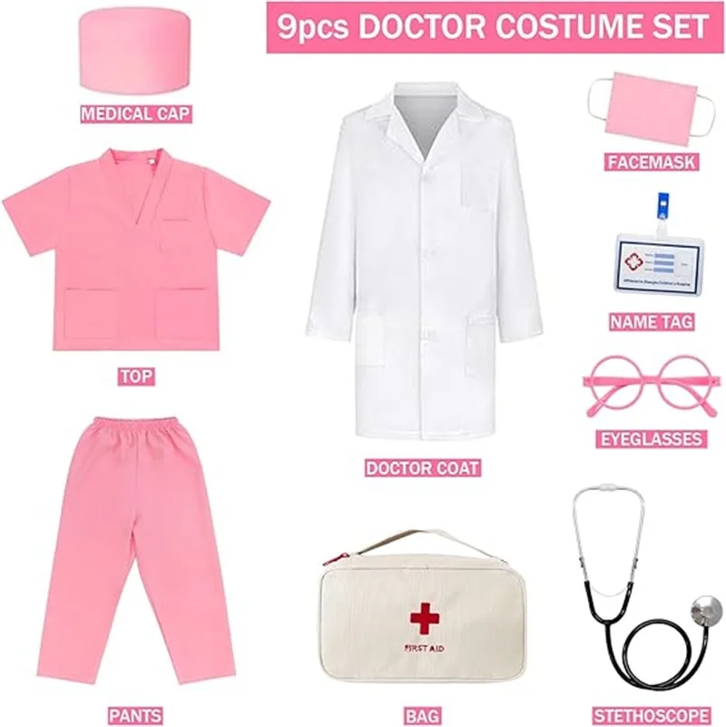 Top per bambini + pantaloni + cappotto + accessori 9 pezzi abiti con vero stetoscopio per bambini scrub costume di Halloween ragazze ragazzi dottore vestire