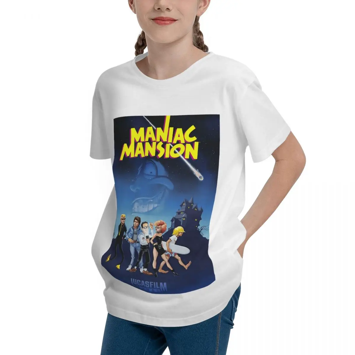 MANIAC MANSION Vintage Travel Adolescents Basic Short Sleeve T-Shirt Round neck Top tee Funny