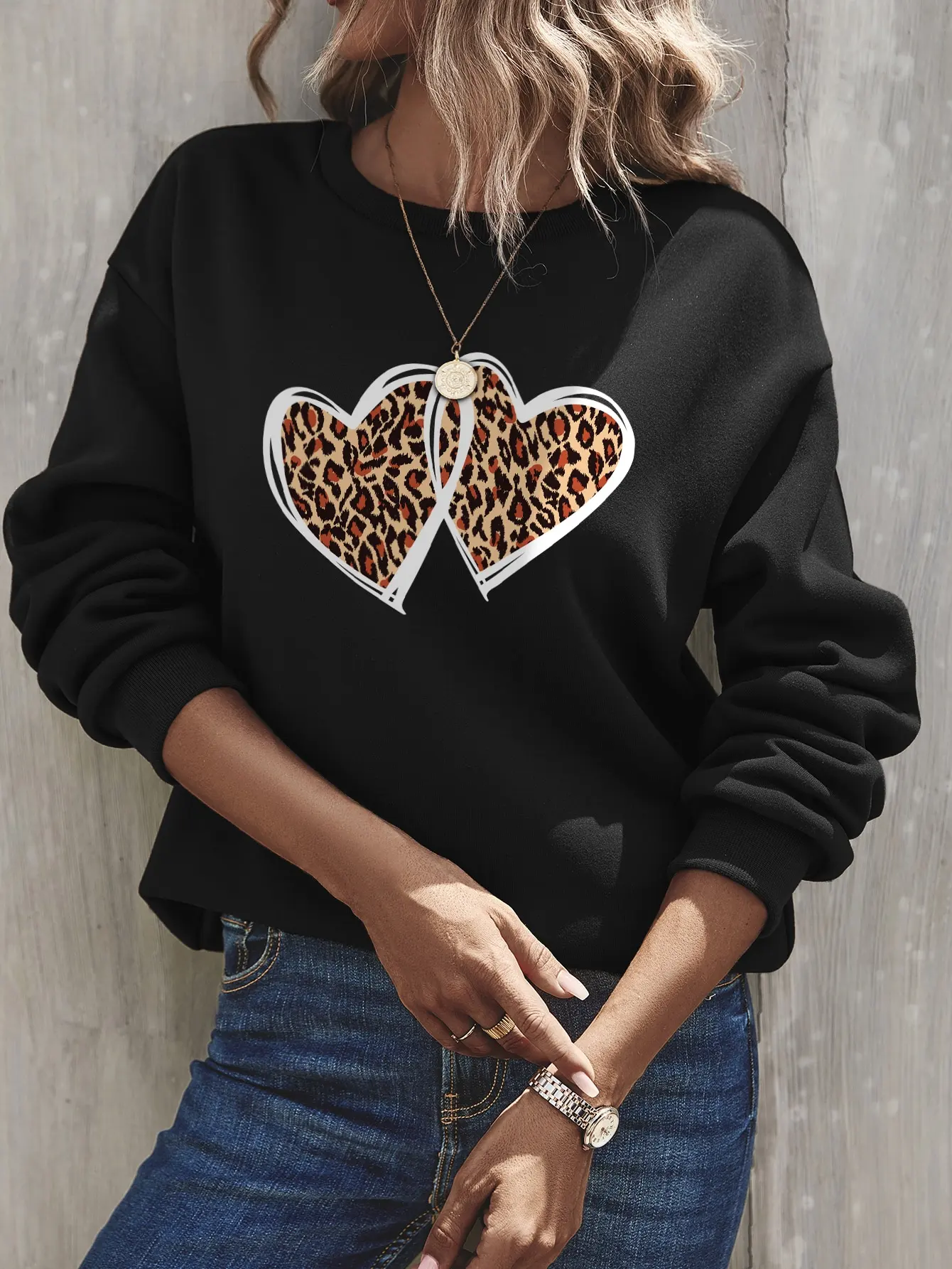 Intersecting Leopard Pattern Love Prints Women Sweatshirts Loose Hip Hop Hoodies Fleece Cartoons Clothing Street New Pullovers