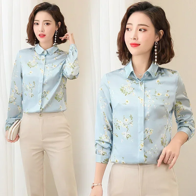 

Элегантные женские рубашки из натурального шелка с цветочным принтом и длинными рукавами с лацканами, модные блузки, офисные женские осенние топы T3N202QM