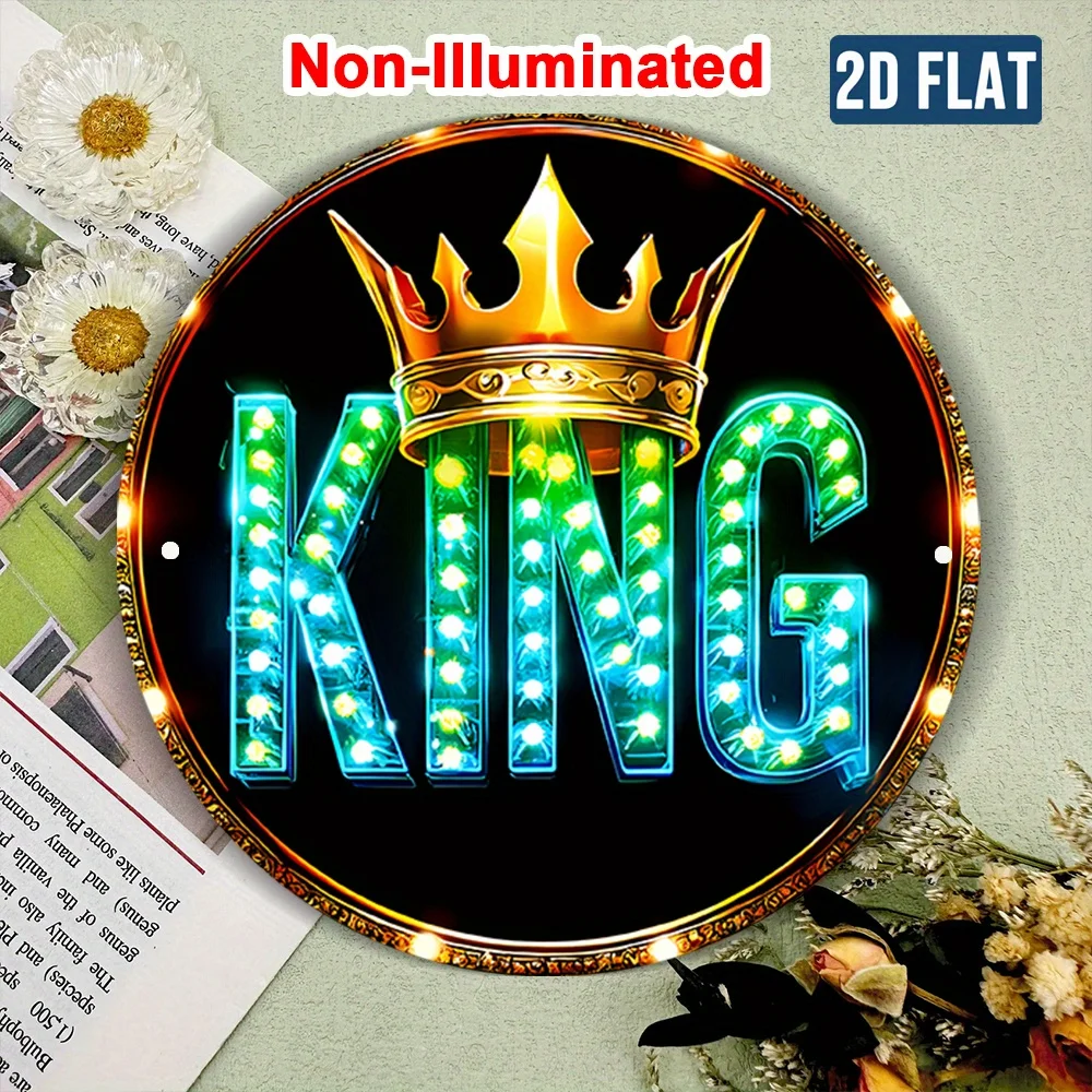 CIFBUY Retro Vintage Neon King Champion Crown Round Tin Metal Sign Plaque Aluminum Wall Art Waterproof Durable Decor For Home Ba
