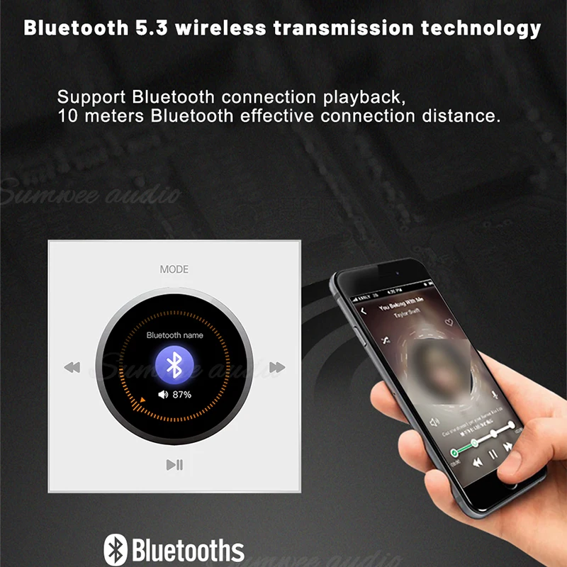 Wzmacniacz audio do montażu ściennego, mini stereo, panel sterowania muzyką tła, system odtwarzania dźwięku Bluetooth z głośnikami sufitowymi. — zdjęcie produktu 2
