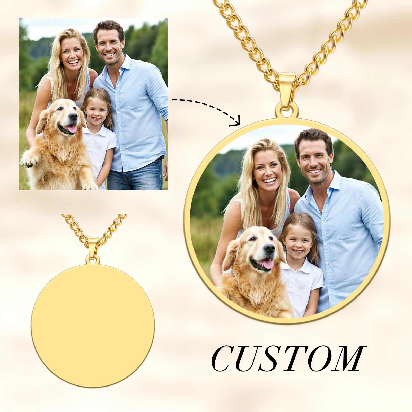Collar con colgante circular personalizado con foto, de acero inoxidable, con imagen, texto y nombre personalizados, joyería geométrica para parejas.