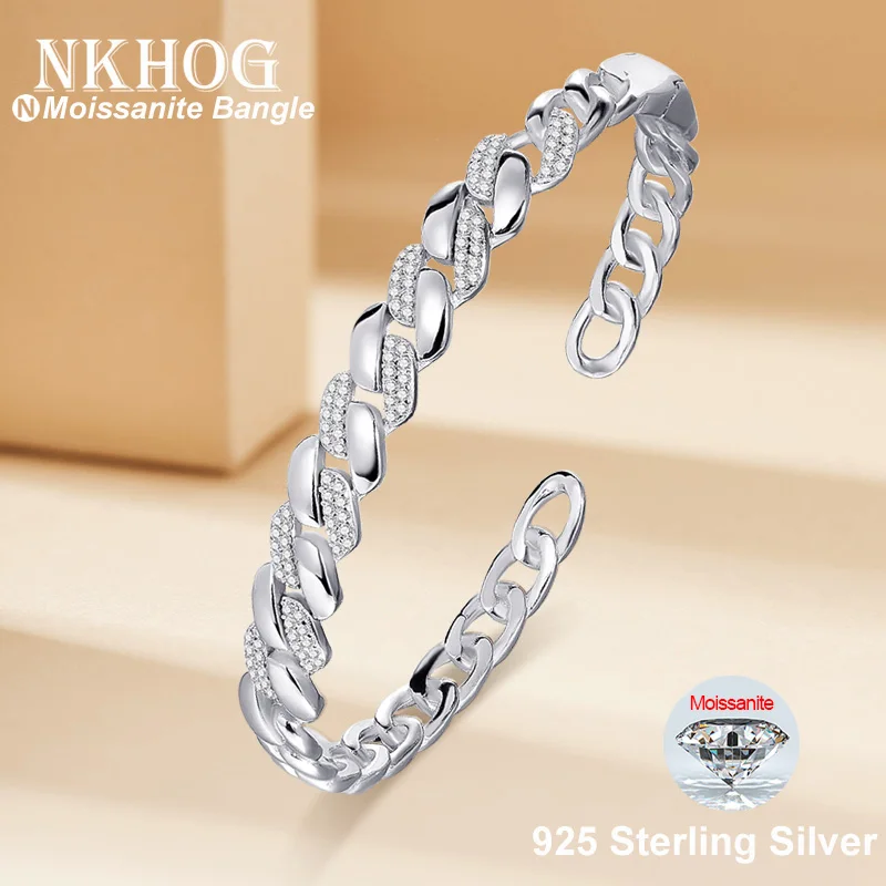 

NKHOG Full 1mm Moissanite Open Bangle S925 Silver Plated 18K Gold Cuban Twists Bracelets Women Men Party Gifts Fine Jewelry GRA