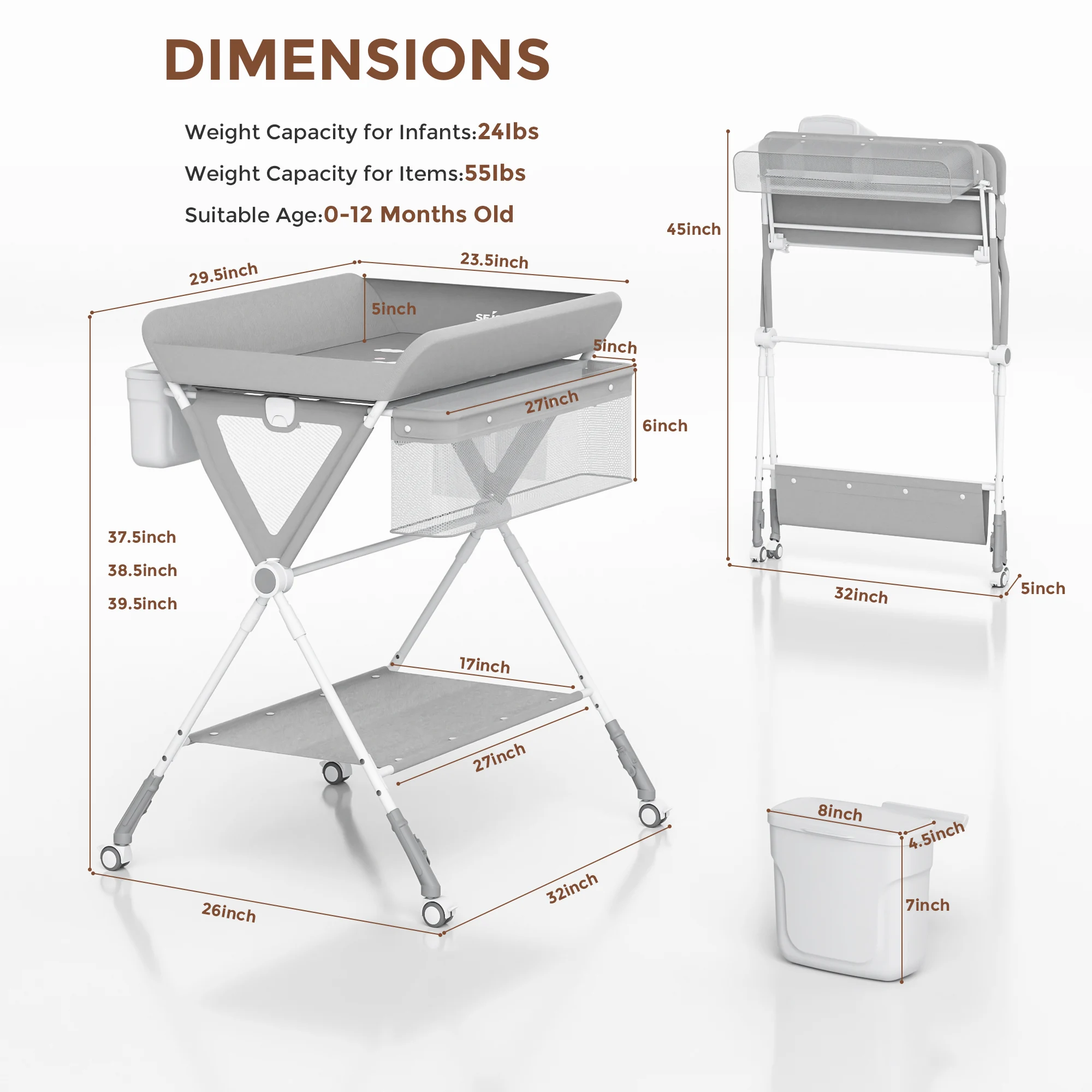 SEJOY Foldable Baby Changing With Wheels Table Portable Height Adjustable Diaper Care Station Mobile Infant Newborn Diaper Table
