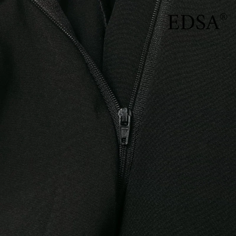 EDSA Women Black Asymmetric Waist Trousers Mid-rise Belt Loops Side Pockets for Office Lady Long Pants