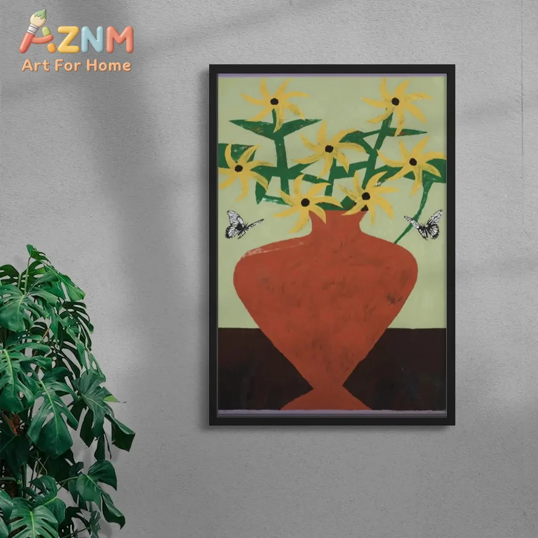 

Retro Yellow Flowers & Terracotta Vase Framed Wall Art - Folk Art Botanical Butterfly Print for Boho Decor