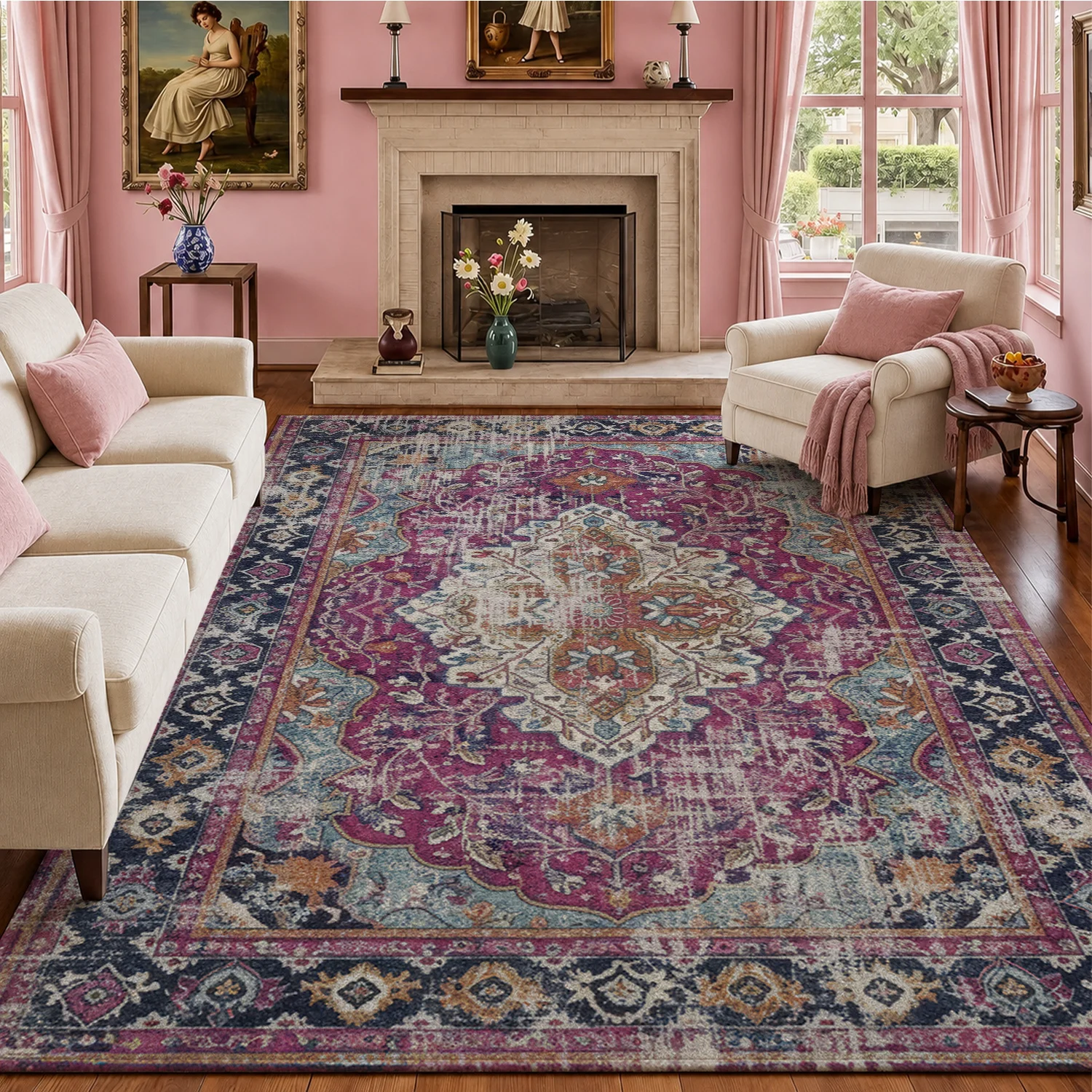Large Indoor Area Rug, Soft Velvet Low Pile Non-Slip Machine Washable Distressed Boho Oriental Rug for Living Room, Bedroom & Entryway, Vintage Medallion Pattern in Magenta, Teal & Cream for Home Decor