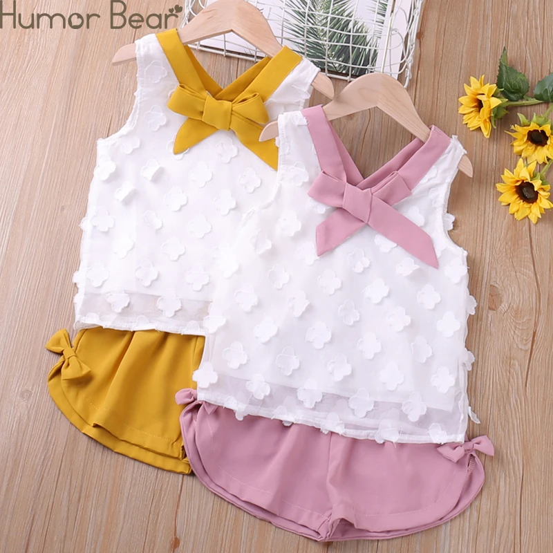 

Humor Bear Girl Clothes Set Summer Sleeveless V-neck Chiffon Bowknot Vest +Pants 2Pcs Toddler Clothes for 1-4Y