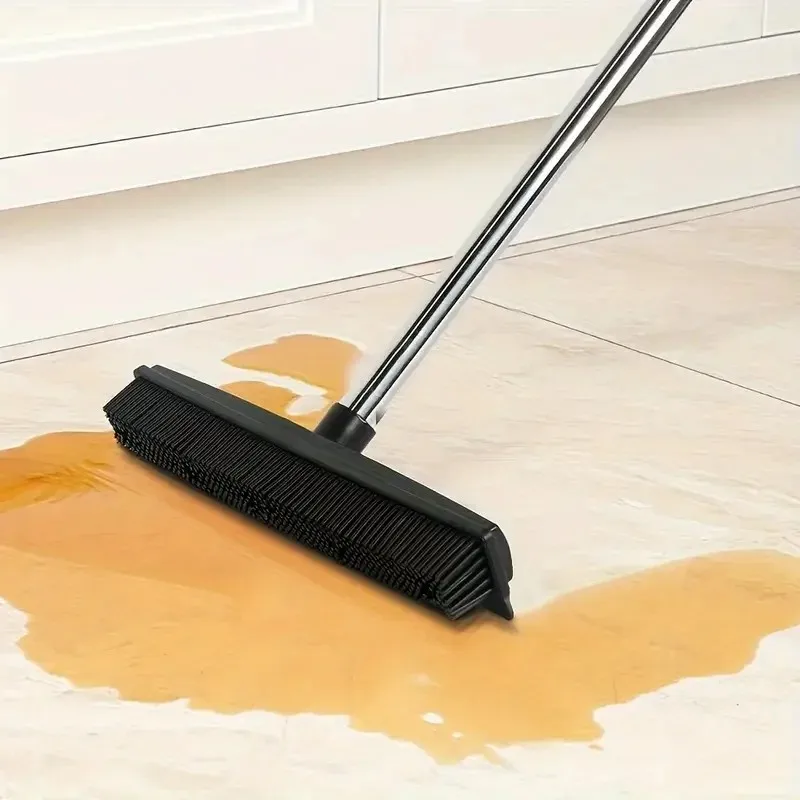 2pcs rubber broom carpet rake with squeegee long handle for pet hair fur remover broom for fluff carpet hardwood floor