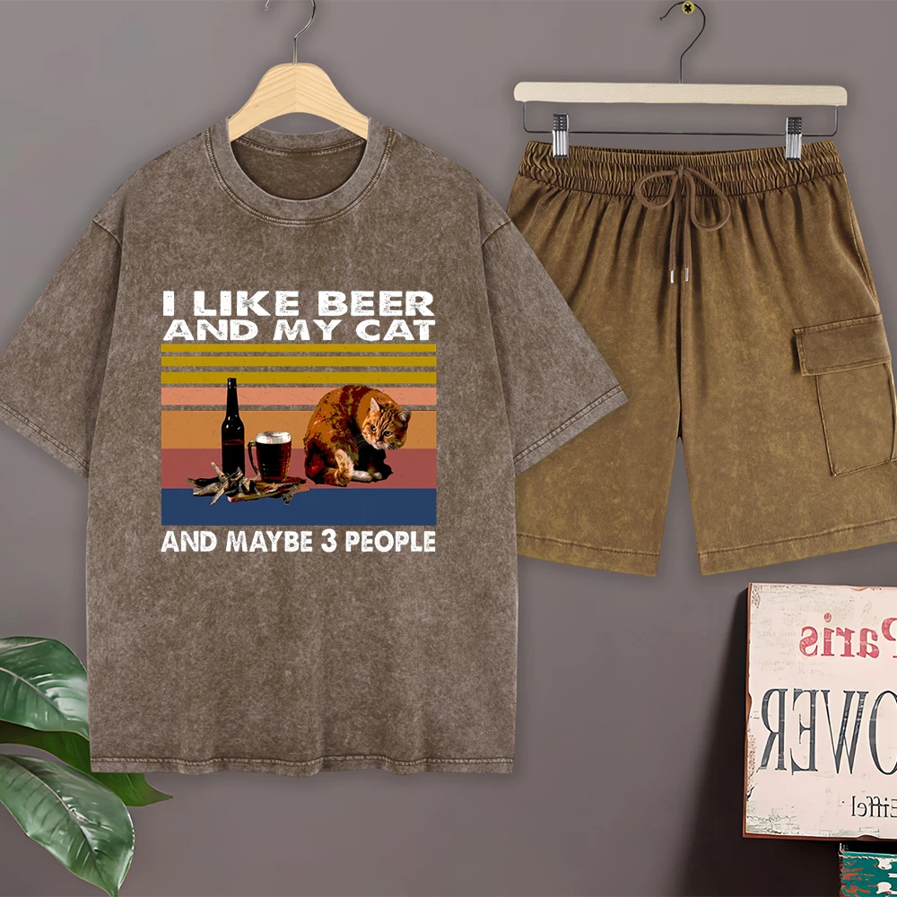 

Мужской повседневный комплект из футболки оверсайз с круглым вырезом и коротким рукавом и летних шорт-карго, с принтом «Я люблю пиво и моего кота», из хлопка с эффектом поношенности