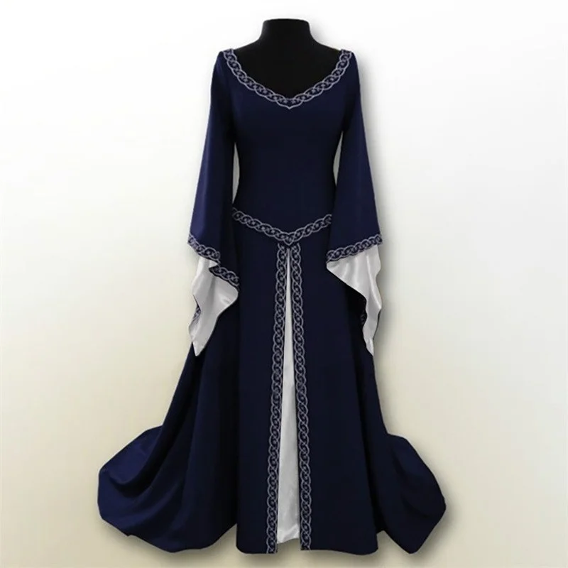 Women Vintage Medieval Costume Dress Corset Waist Retro Renaissance Maxi Dress Ankle Long Dress Halloween Cosplay Dress