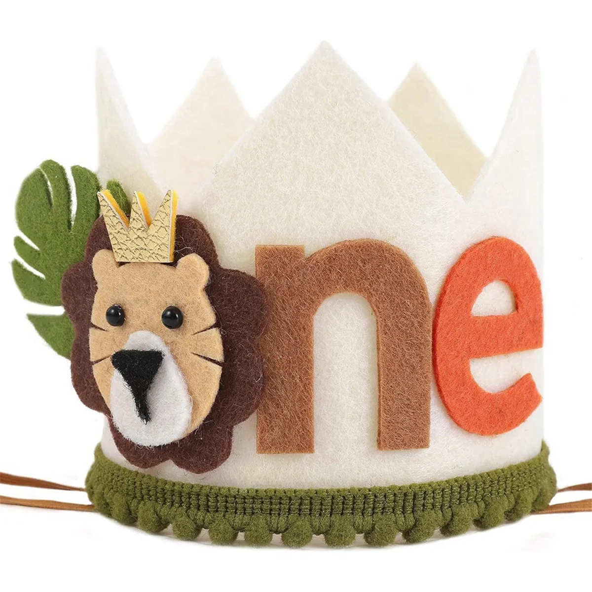 

1 Year Old Kids Avocado Green Lion Birthday Crown First Baby Party White Non Woven Safari B