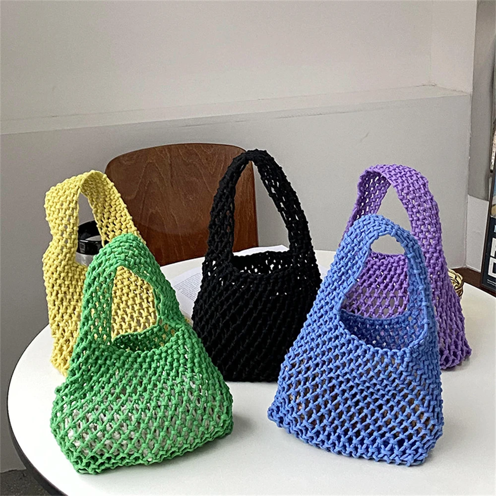 

Straw Plaited Knitted Handbag Women Hollow Out Shopping Tote Bag Fashion Crochet PU Bottom Wrist Bag Female Purses Bucket Bags