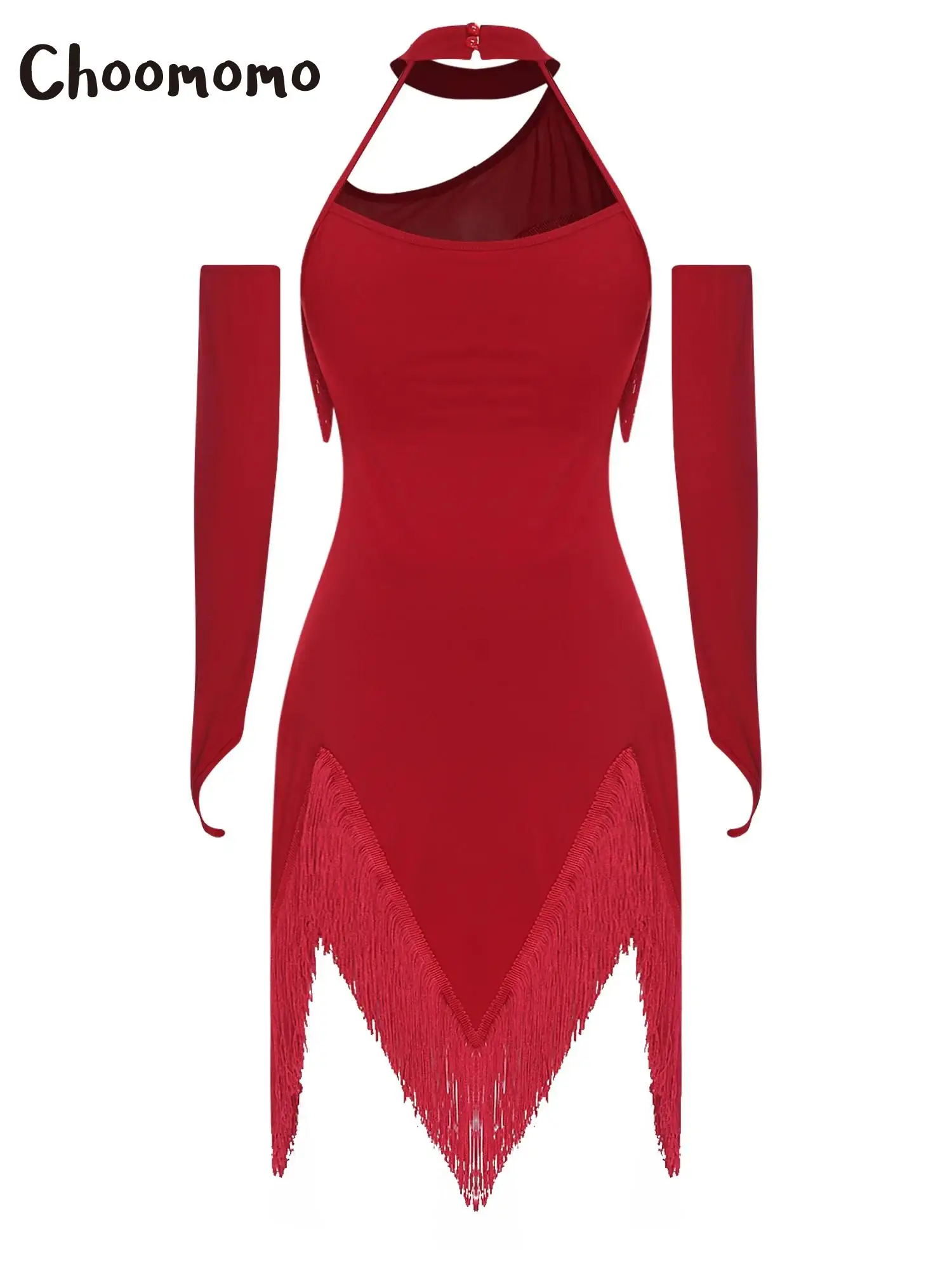 Damen-Latin-Tanzkleid mit Quaste, Neckholder, ärmellos, Kleid mit unregelmäßigem Saum + Sicherheitsshorts, Set, Tango, Cha-Cha, Salsa, Skating-Performance