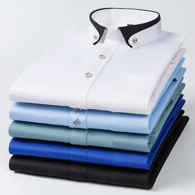 Fashion korean elastic long-sleeve shirts for men slim fit formal shirt doble collar shirt vintage office designer white clothes