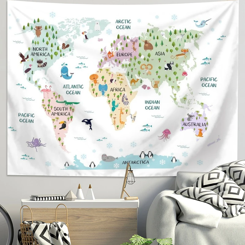 Ins Scandinavian World Terrain Tapestry Children's Room Wall Decoration Cartoon Animal Map Bedside Background Tapestry