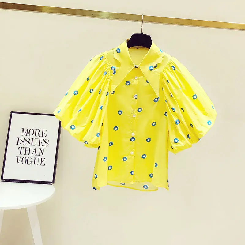 女性用プリントバブル半袖シャツ,ルーズフィットトップス,シック,韓国ファッション,夏,2024