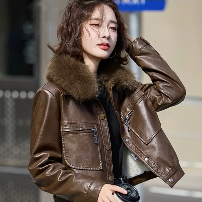 New Style Leather Jacket Women Thickened Texture Warm Slimming Petite Women Elegant Stylish Leather Jacket Large Fur Collar Coat
