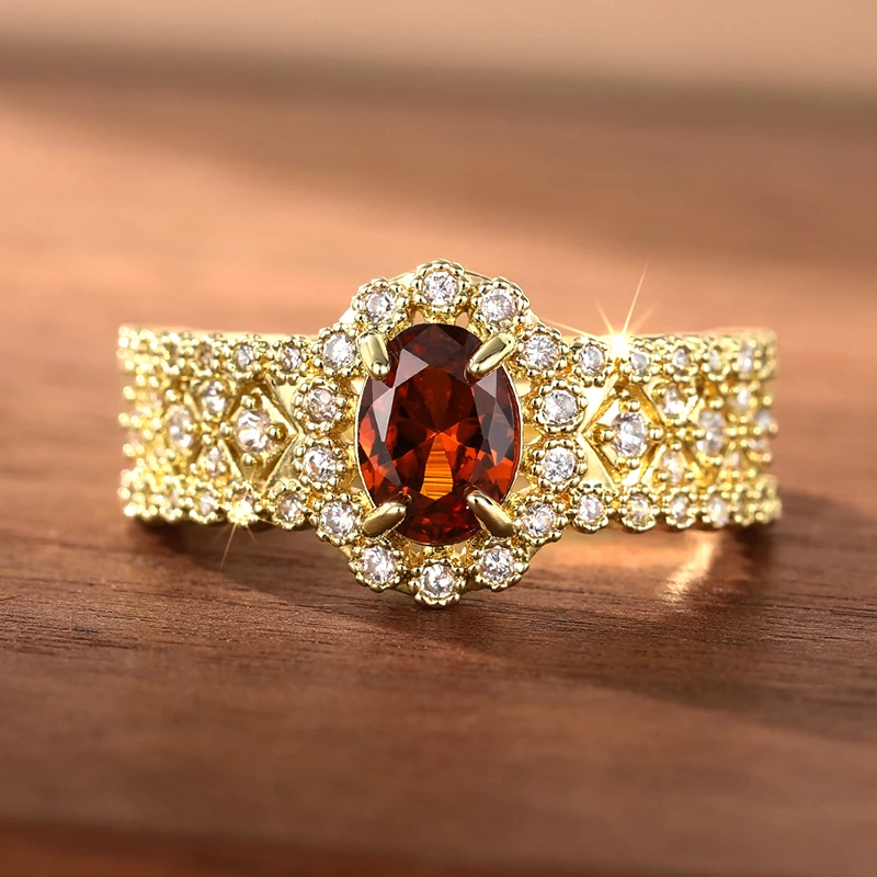 CAOSHI Gorgeous Orange Red Cubic Zirconia Rings Women for Wedding Party Hollow Out Band Gold Color Temperament Lady Jewelry
