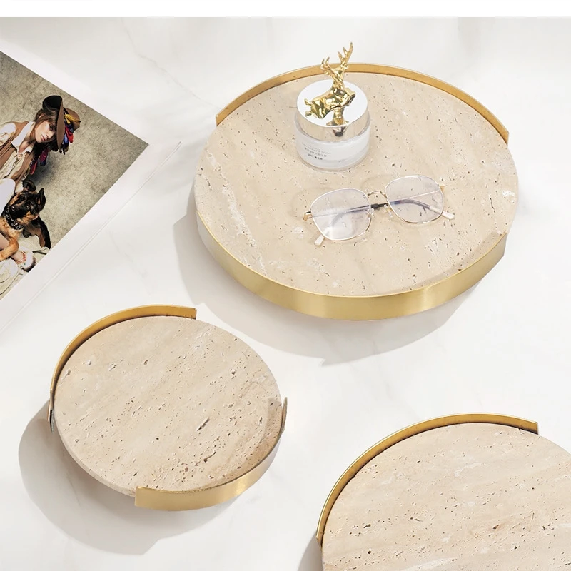 Wabi-sabi natural yellow cave stone round metal tray living room desktop storage trays decorative Bathroom sink