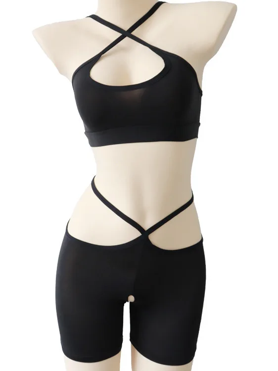 Sexy Sporty And Girl Shorts Set Skinny Sexy Thin Transparent Yoga Chest Wrapped Low Neck Shorts Uniform Set Fashion Women M10R