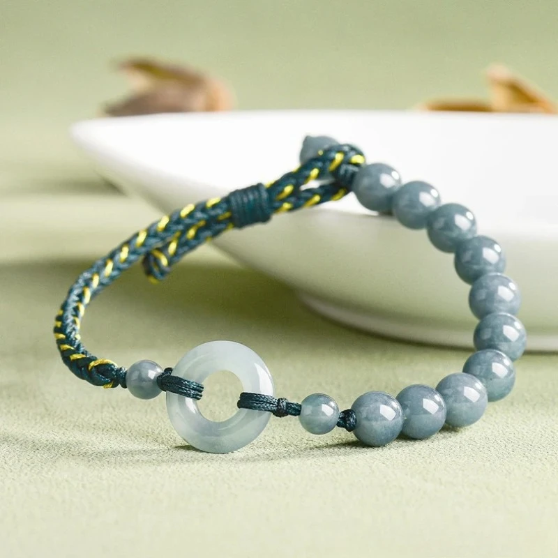 

Natural A-grade Jadeite Blue Peace Ring DIY Hand-woven Bracelet Ice Jade Stone Couple's Bracelet Gift Jewelry