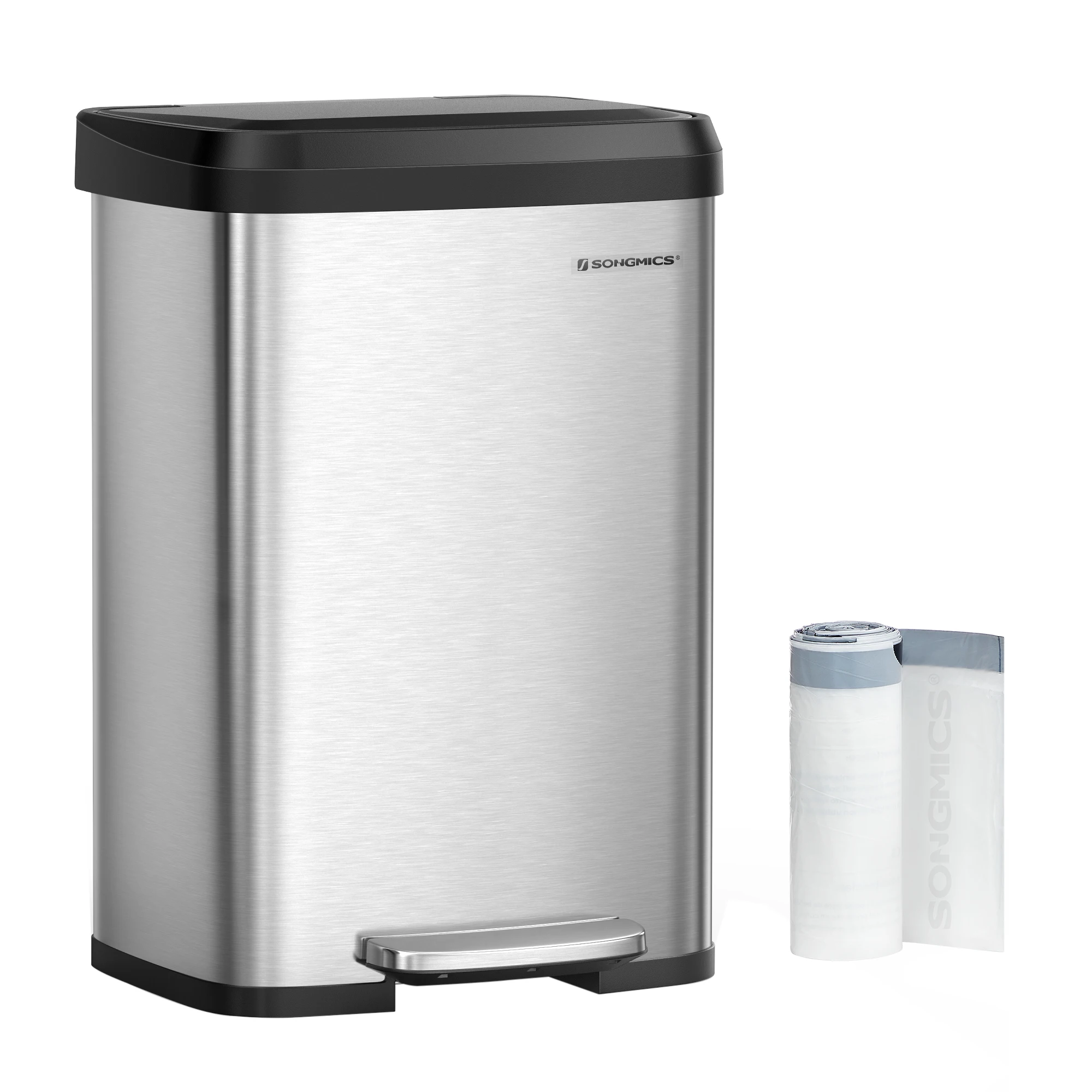 

SONGMICS Kitchen Trash Can, 13 Gallon (50 L) Stainless Steel Garbage Can, with Stay-Open Lid and Step-on Pedal, Soft Closure
