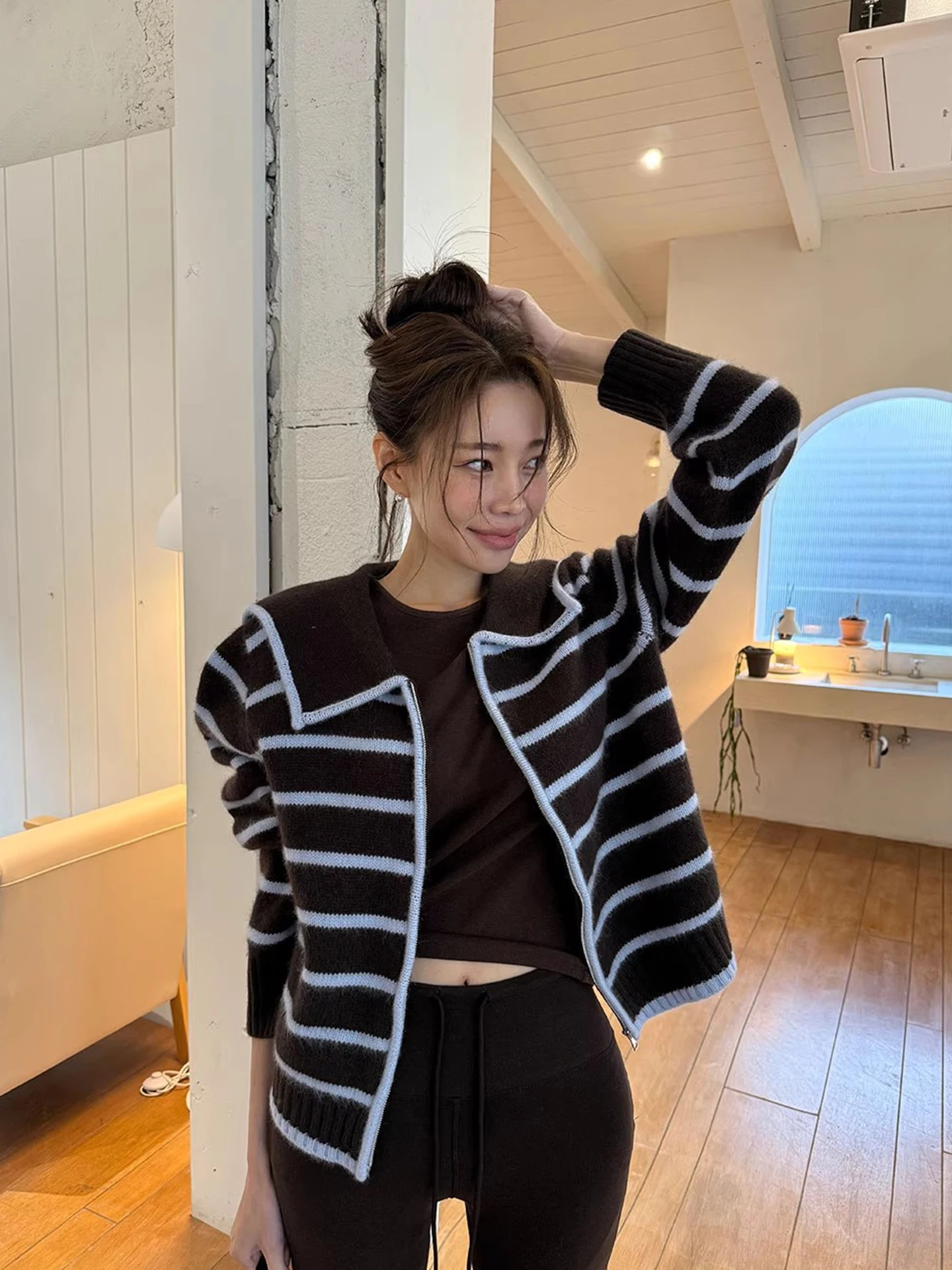 

Naval Collar Color Blo Striped Knitted Open Cardigan Women's Loose Zipper Sle Sweater Autumn New Arrival Commute Sle