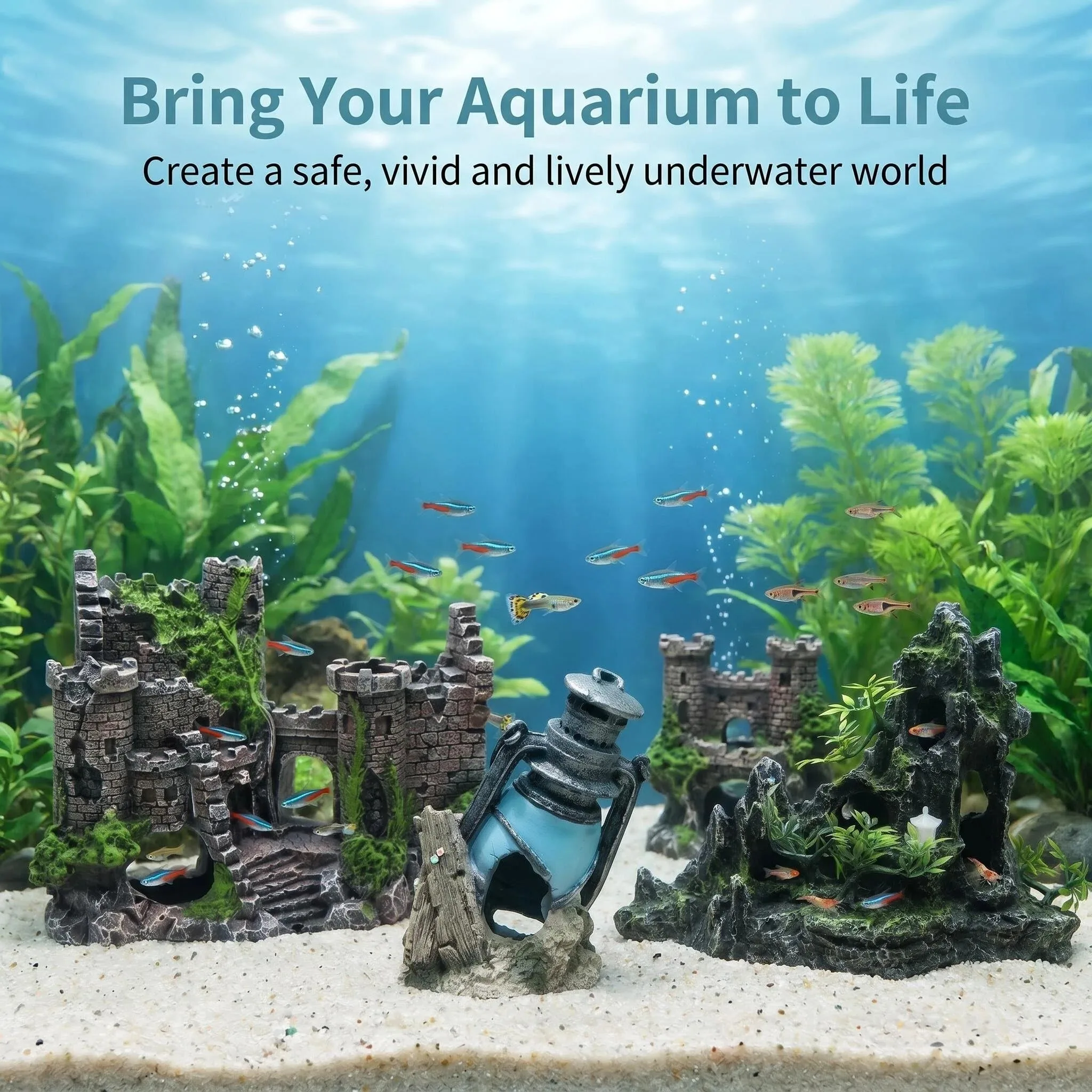 Ornements d'aquarium en résine, ruines de château, montagne, lanterne rétro vintage, abri multi-trous avec plantes de mousse réalistes, cachette pour poissons betta, crevettes, décoration de paysage pour aquariums et terrariums
