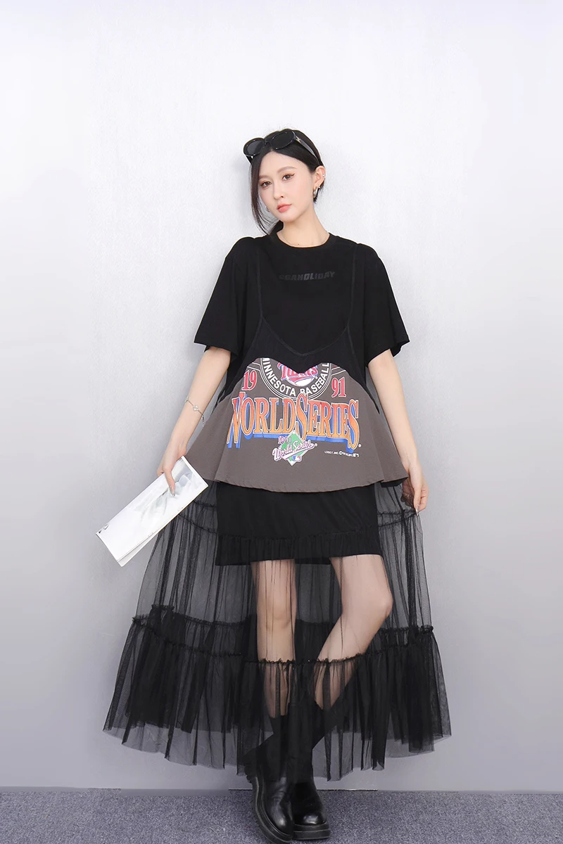 2025 여름 패션 우아한 느슨한 인쇄 메쉬 긴 드레스 여성 짧은 소매 티셔츠 드레스 숙녀 도매 J1120