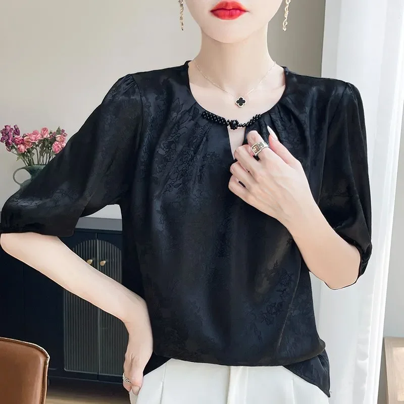 Cream Floral Jacquard Blouse with Pearl Trimmed Round Neck Puff Sleeve Loose Fit Summer Women Blouse view 4