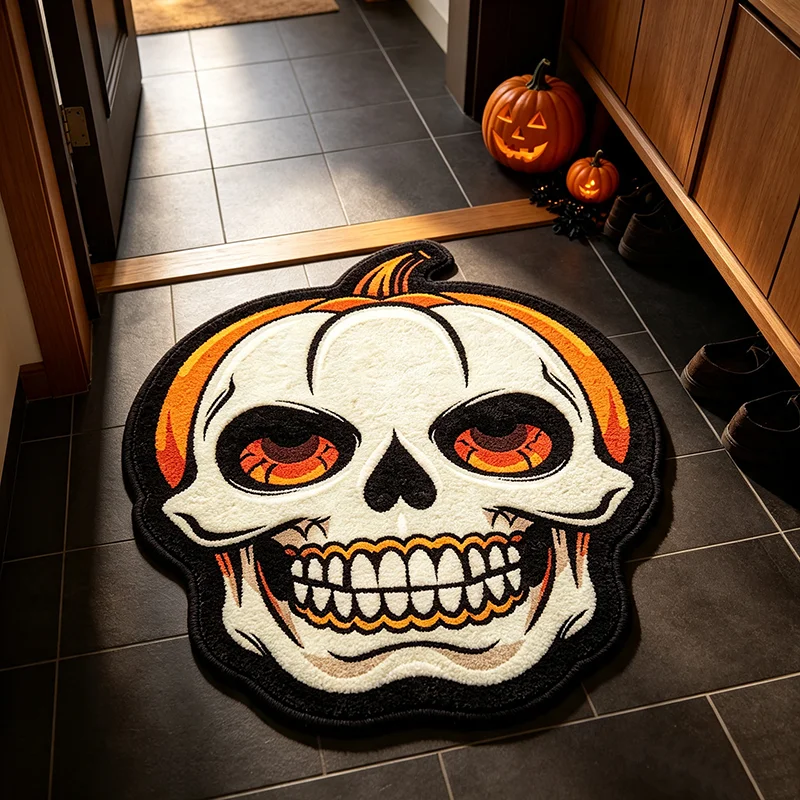 VIKAMA Halloween Pumpkin Shaped Rug Skull Pattern Non Slip Fluffy Floor Mat Indoor Entry Bathroom Bedroom Home Decor