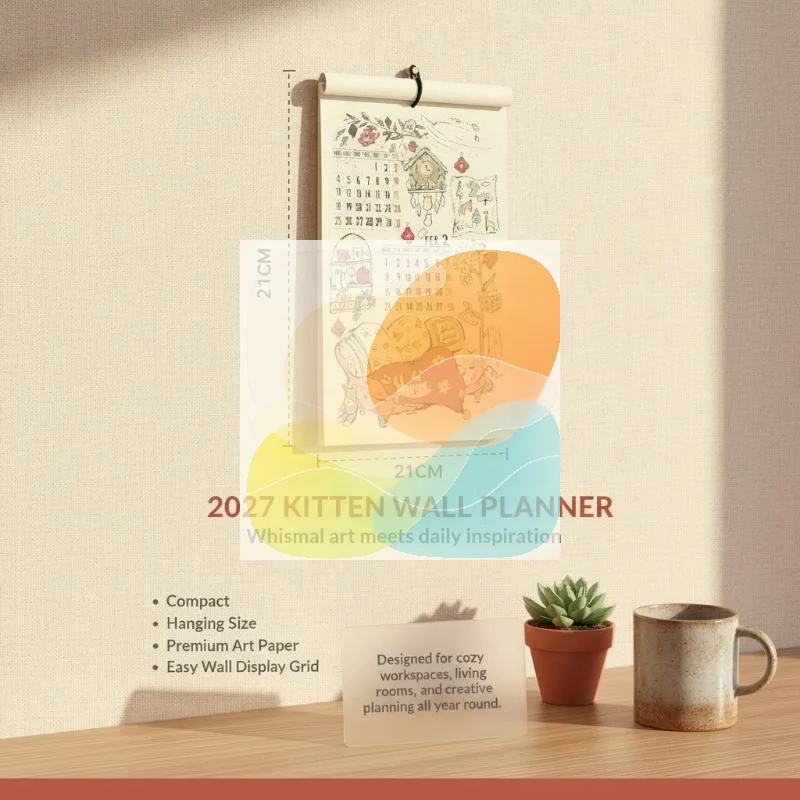 2027 Hanging Wall Calendar Kawaii Hand Drawn Cat Illustrations Monthly Agenda for Student Dorm Room Decor