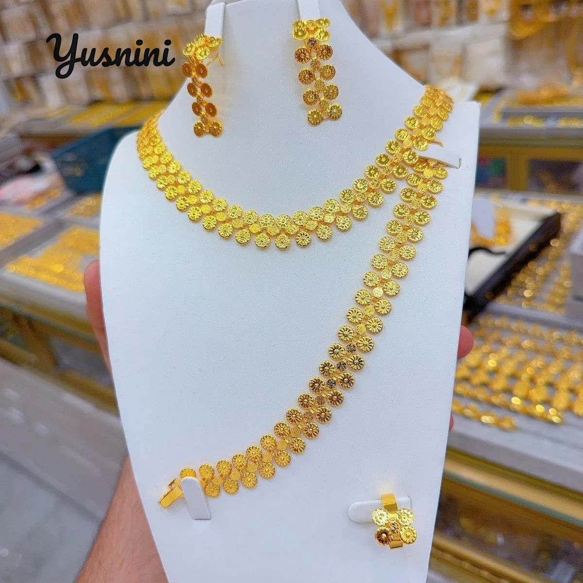 

New American 24K Gold Plated Necklace Earrings Rings Bracelets Wedding Party Jewelry Set, Gift for Women YY10800