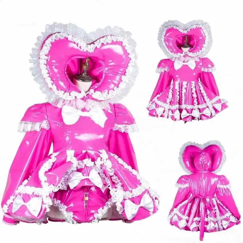 Sexy Cosplay Lockable Sissy Dress PVC Pink and White Lace Hat Maid Privacy Uniform Cosplay customized Charm