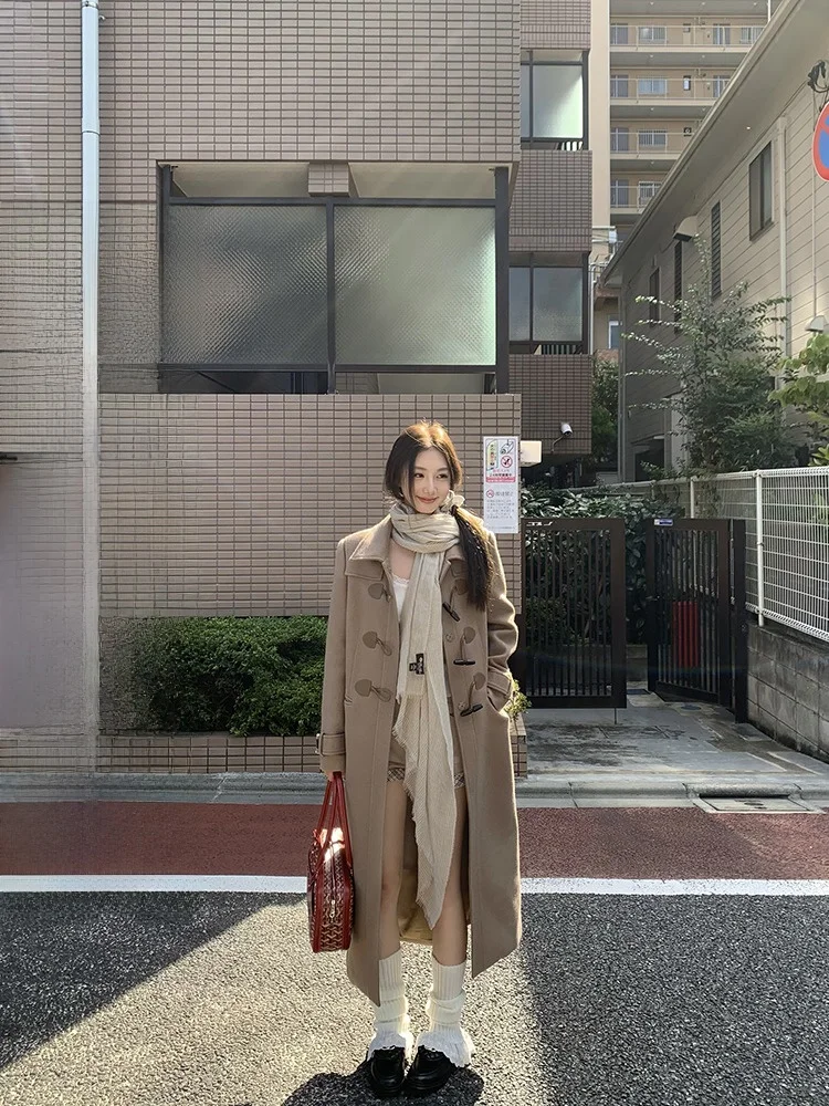 

Ultra Slimming Woolen Coat with Horn Buttons Vintage Bankelili Bbr Commuter Sle Long Sve Long Length Polyester Blend