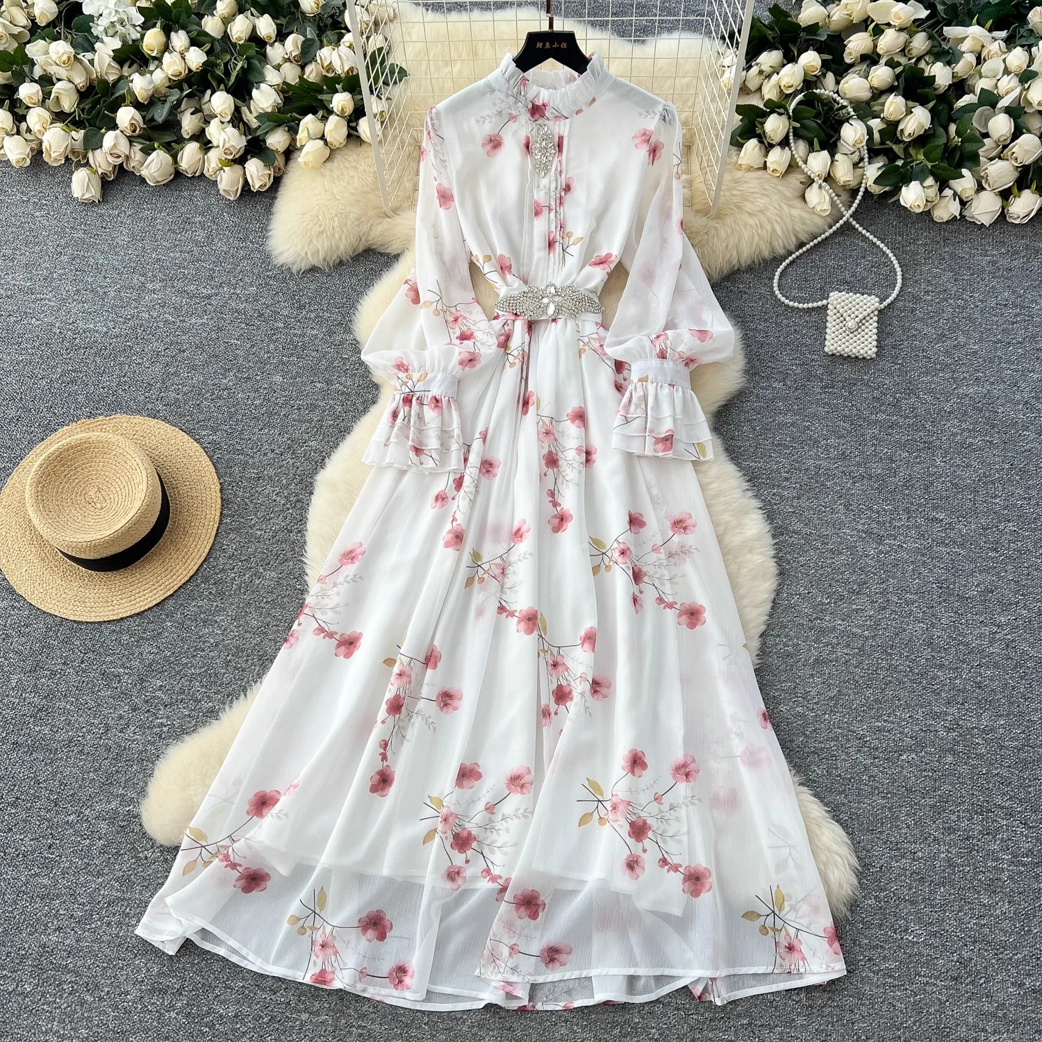 

2025 New Womens Elegant Maxi Long Pink Chiffon Ruffles Dress Lady Chic Stand Lantern Sleeve Maxi Dresses Robes Crystal Belt