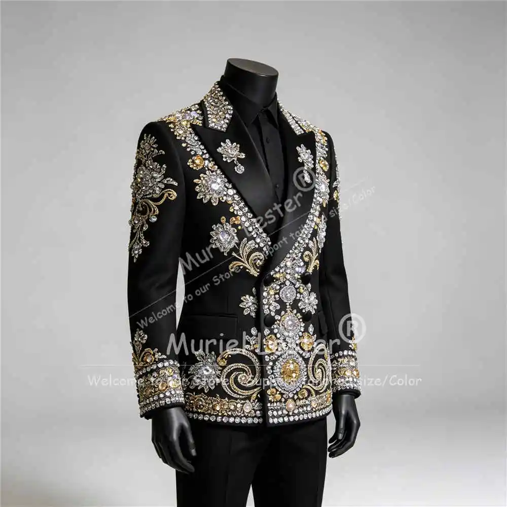Exquisite Suits Men 2 Piece Set Double Breasted Groom Prom Blazer Pants Customized Diamond Crystals Man Banquet Tuxedos Attire