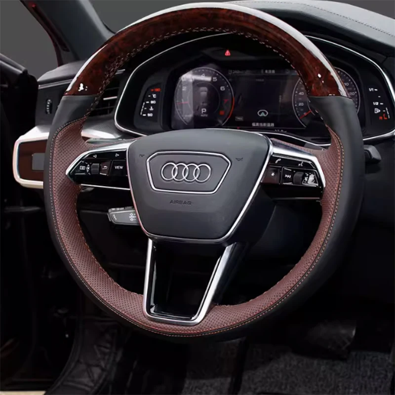 Tampa do volante personalizado para Audi, mão trança de costura, O-tipo, couro genuíno, acessórios do carro, Audi A3, A4, A5, A6, A7, Q3, Q5, Q7, Q8