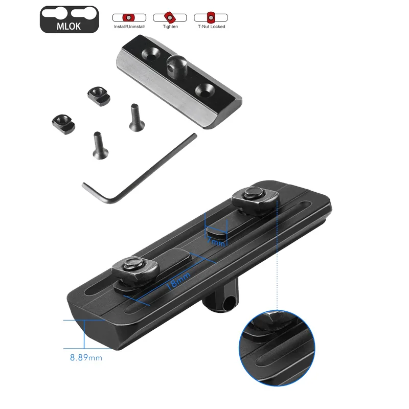 MLok レールバイポッドアダプタースリングスタッドマウント、4T ナット&4 ネジ&1 レンチ付き、ハリス対応、狩猟用バイポッド、おもちゃの銃アクセサリー用