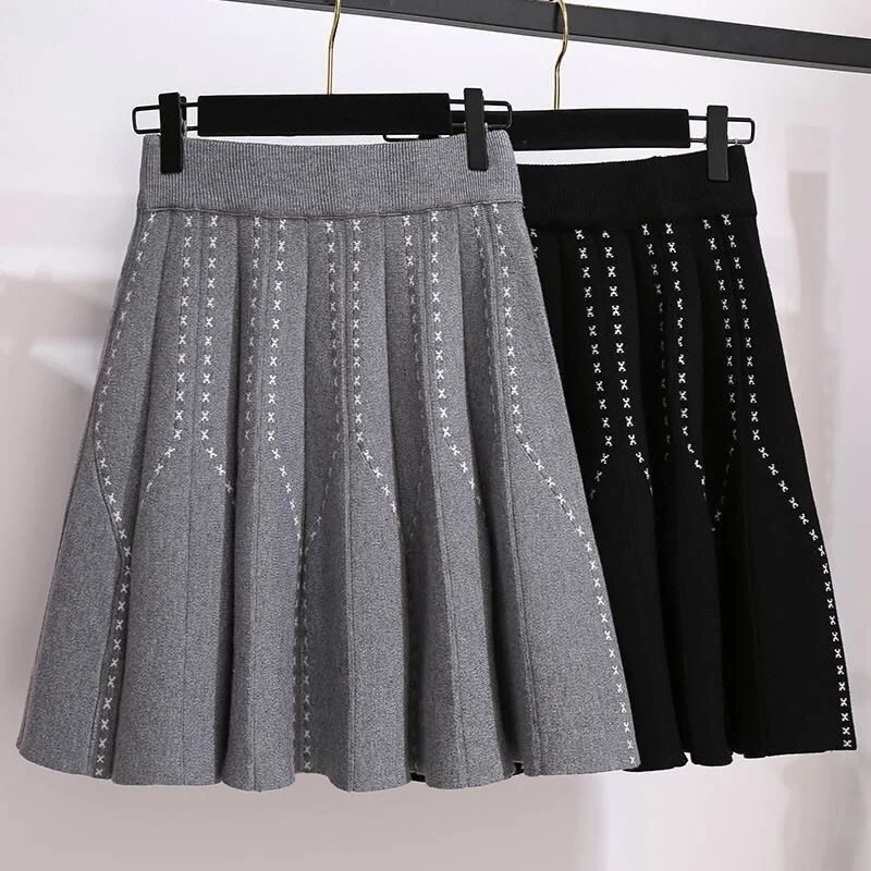 Japanese Style Pleated Knitted Mini Skirts Kawaii Women Autumn Winter Elastic Waist Falda 90s Vintage Harajuku Sexy Skirt Black