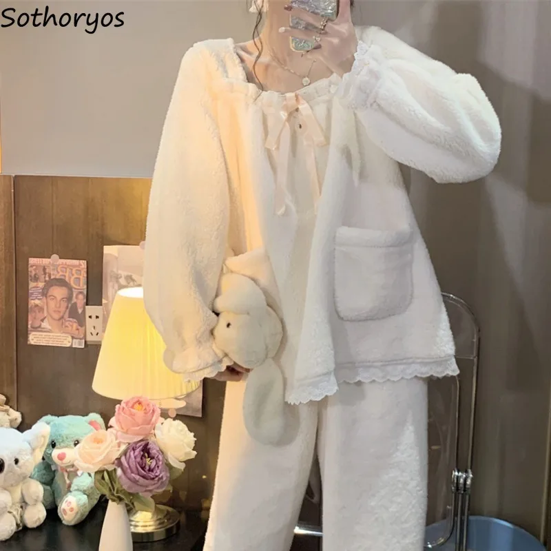 Women Winter Flannel Warm Chic Pajama Sets  All-match Windproof Loose Square Collar Nightwear Plush Sleepwear Outfits Cozy