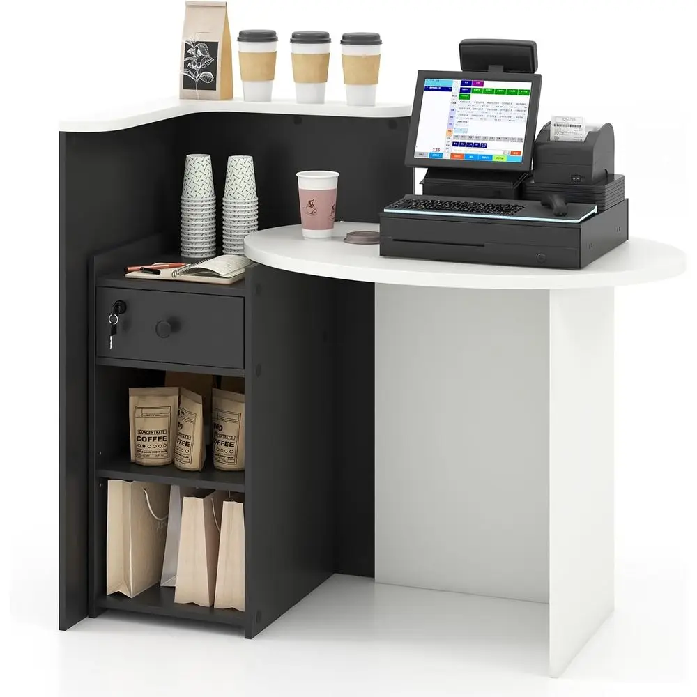 

Reception Desk with Lockable Drawer, Round Checkout Table, Adjustable Shelves for Office or Beauty Retail (Black & White)