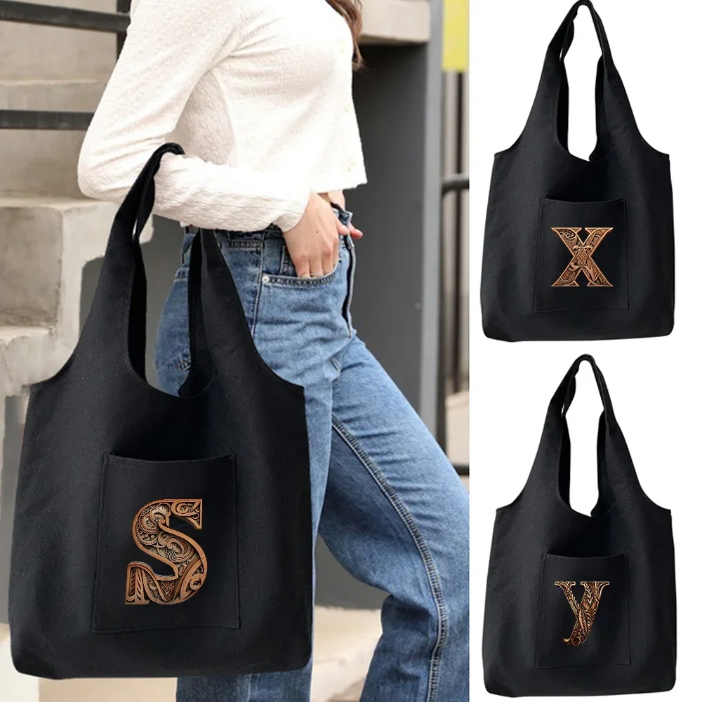 

Women's Folding Canvas Tote Bag Women's Shoulder Bag Shopping Bag Wood Art Letter Pattern for Office School Picnics Daily Trips