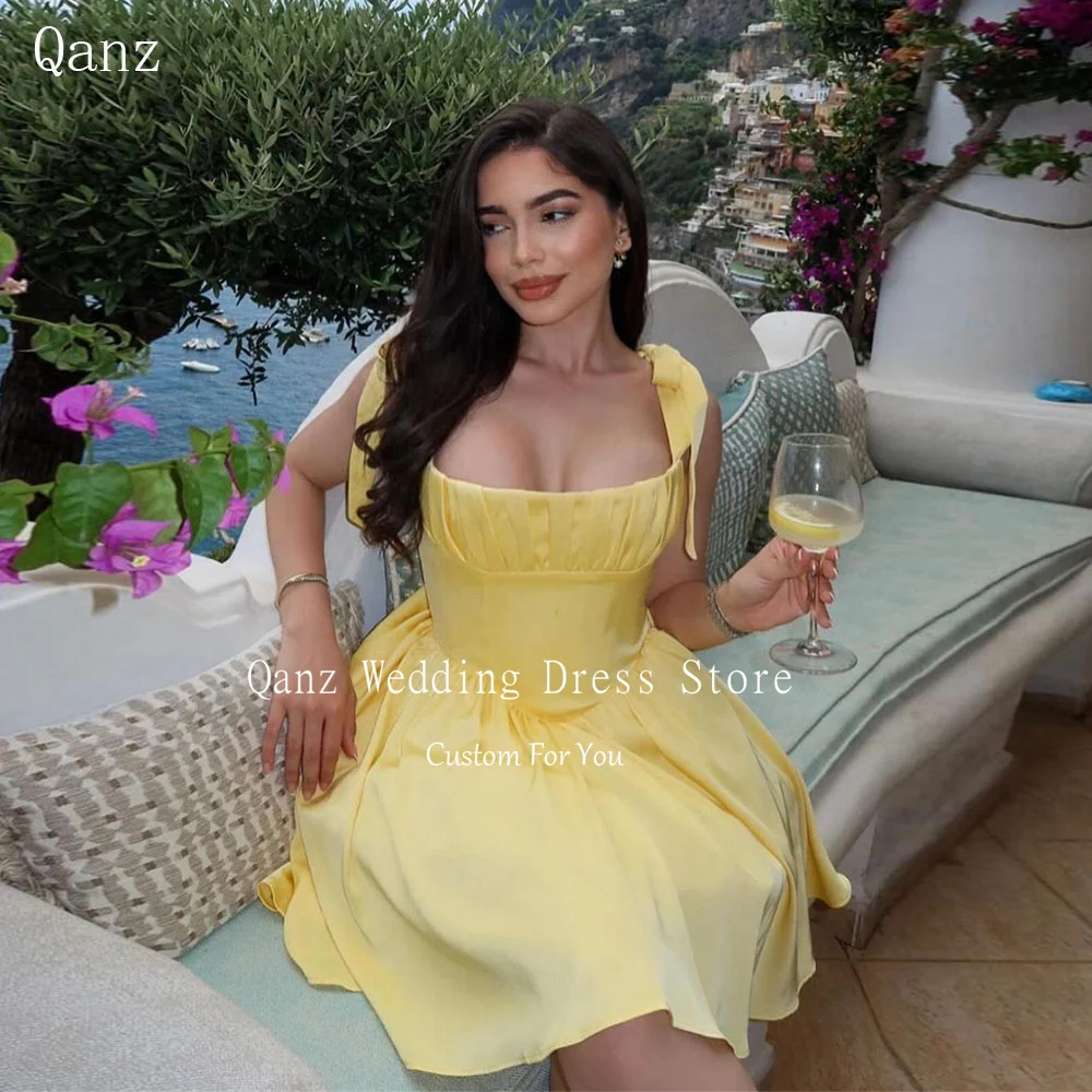 

Qanz Yellow Short Summer Prom Dresses Bow Straps Mini A Line Lace Up Back 2024 Lady Beach Holiday Vestidos Cocktail Dress Custom