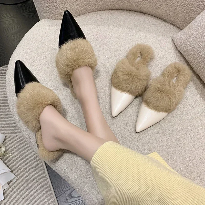 Fashion Winter Plush Women Mules Slippers Slip on Warm Woman Slipper Faux Fur Flat Shoes Pointed Toe Female Ladies Shoes