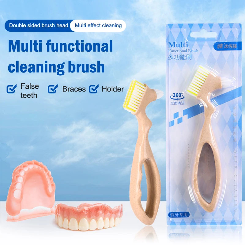 Multi-Layered Bristles Denture Cleaning False Teeth Brush Oral Care Non-slip Ergonomic Rubber Handle Dual Heads Antibacterial