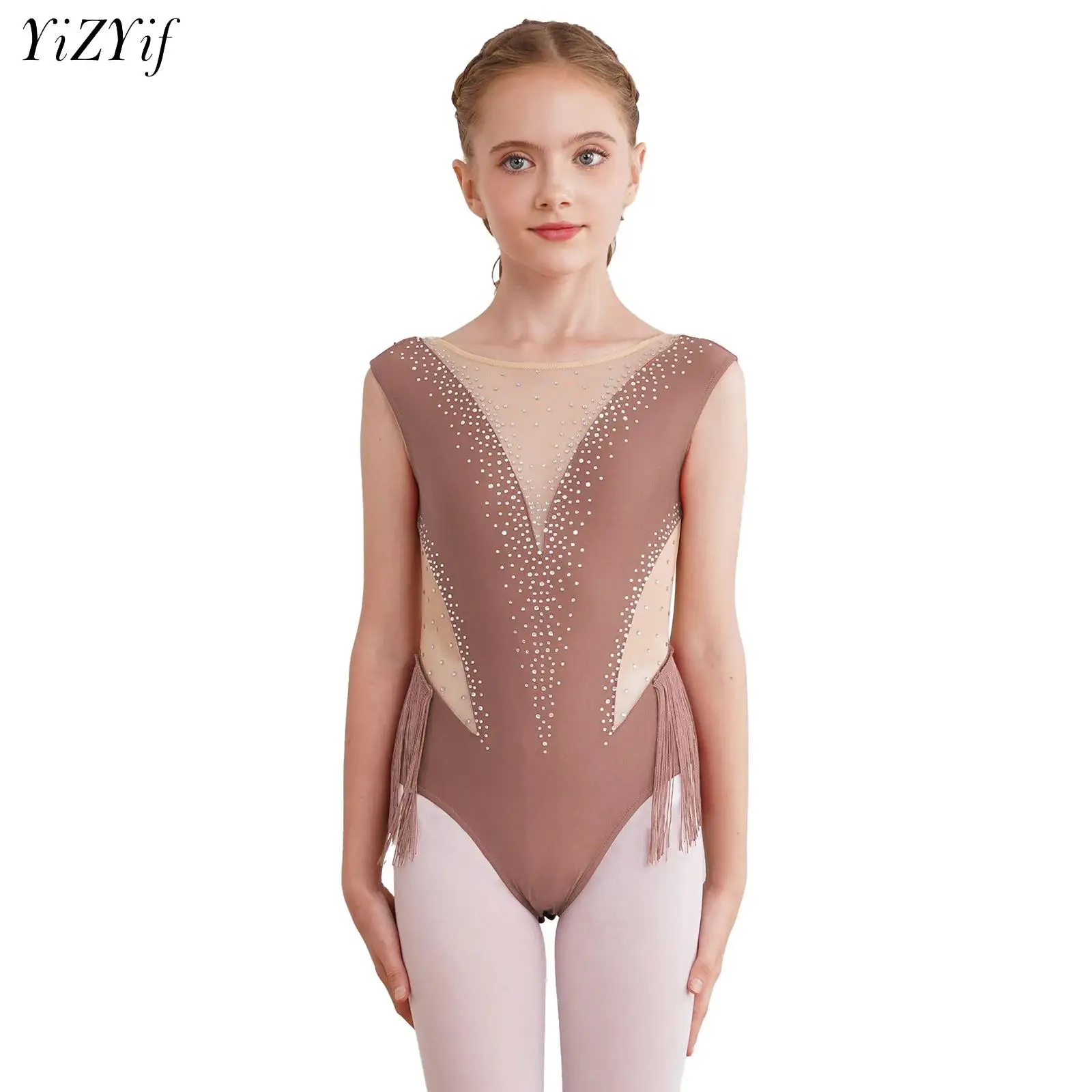 Girls Figure Skating Leotard Dress for Kid Latin Dance Fringed Performance Costume Rhinestone Tassel Bodysuit Ballet Dancewear